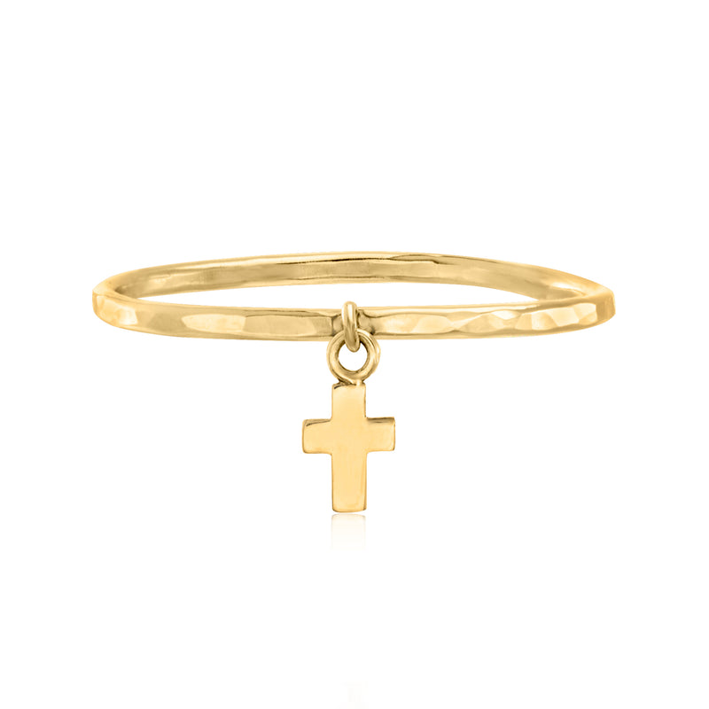 14kt yellow gold cross charm ring with small hanging cross pendant