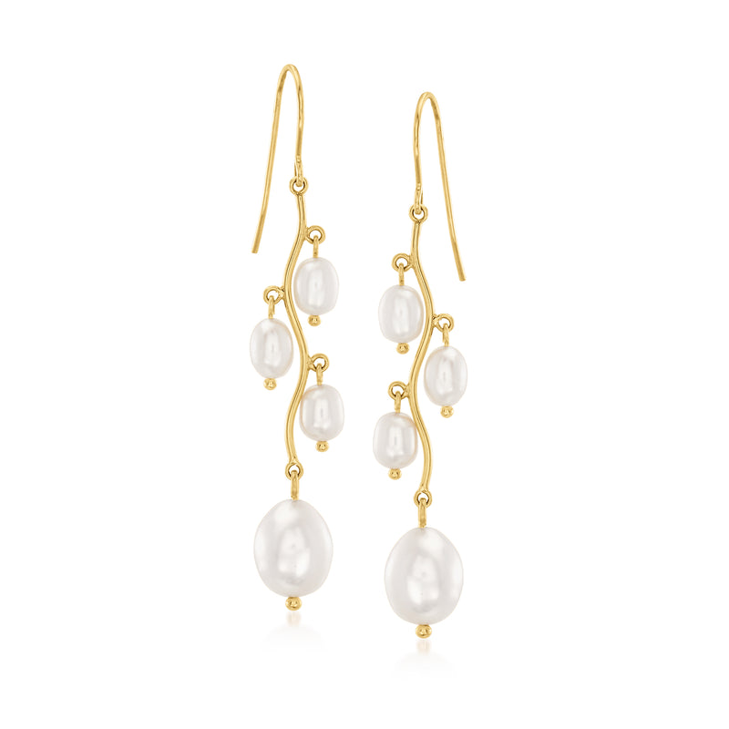 14kt yellow gold drop earrings with cultured pearl drops on earwire hooks