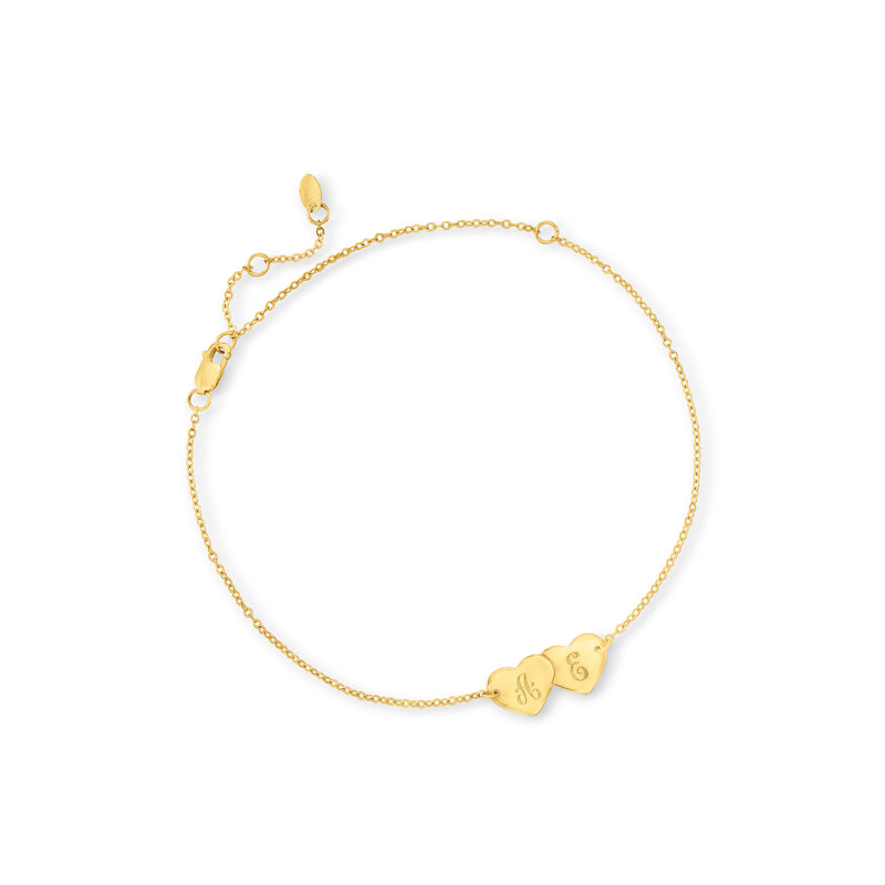 14kt yellow gold anklet with double heart charm, engraved heart design