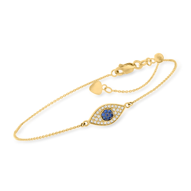 14kt yellow gold bolo bracelet with blue evil eye oval and diamond accents