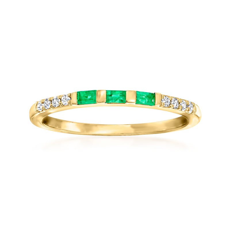 14kt yellow gold ring with green emerald squares and diamond accents