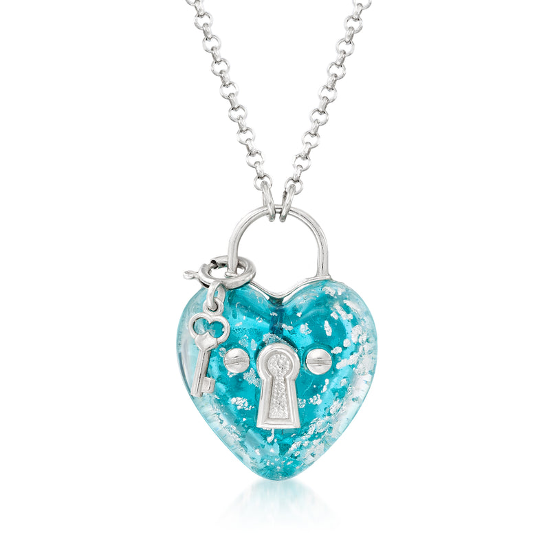 Turquoise Murano glass heart key pendant necklace in sterling silver, with lock charm