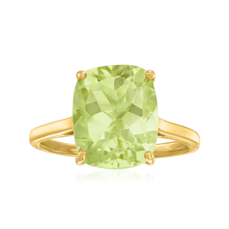 Gold over sterling ring with large cushion-cut light green prasiolite gemstone