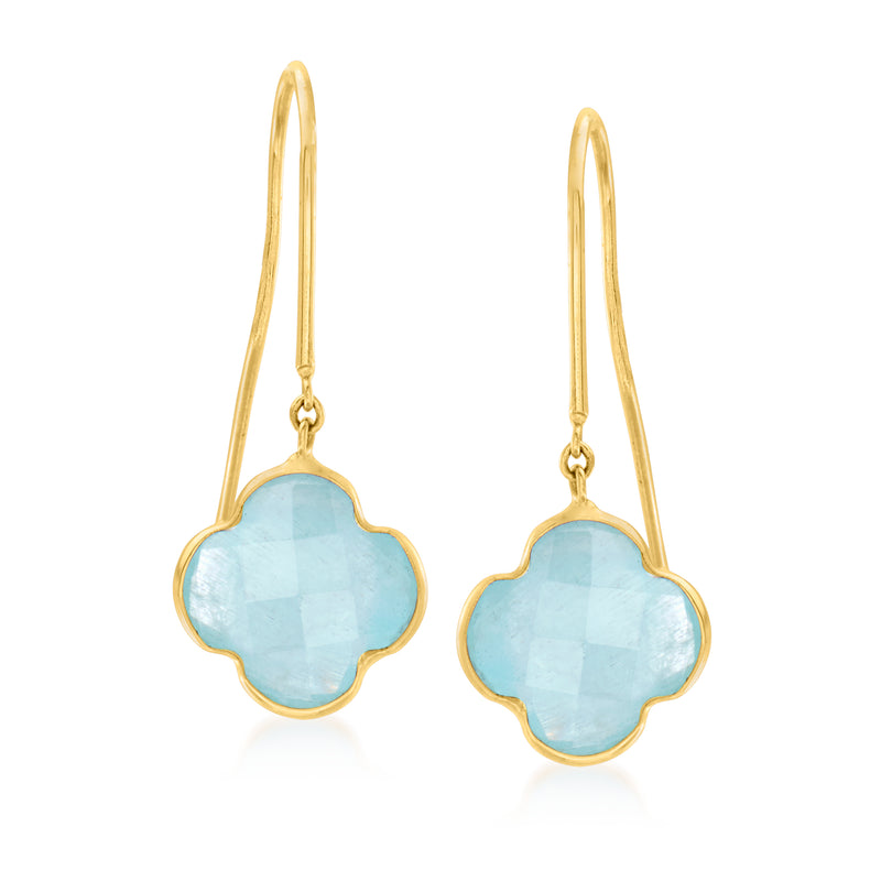 Yellow gold clover drop earrings with light blue aquamarine stones, earwire style