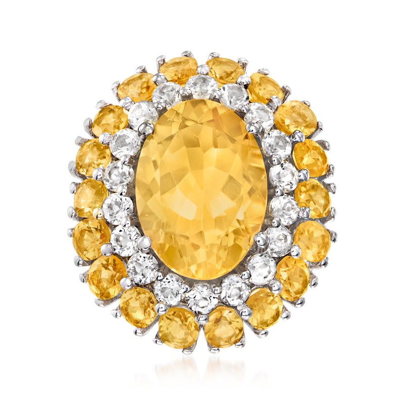 Sterling silver oval citrine halo ring with yellow gemstones and clear white stones