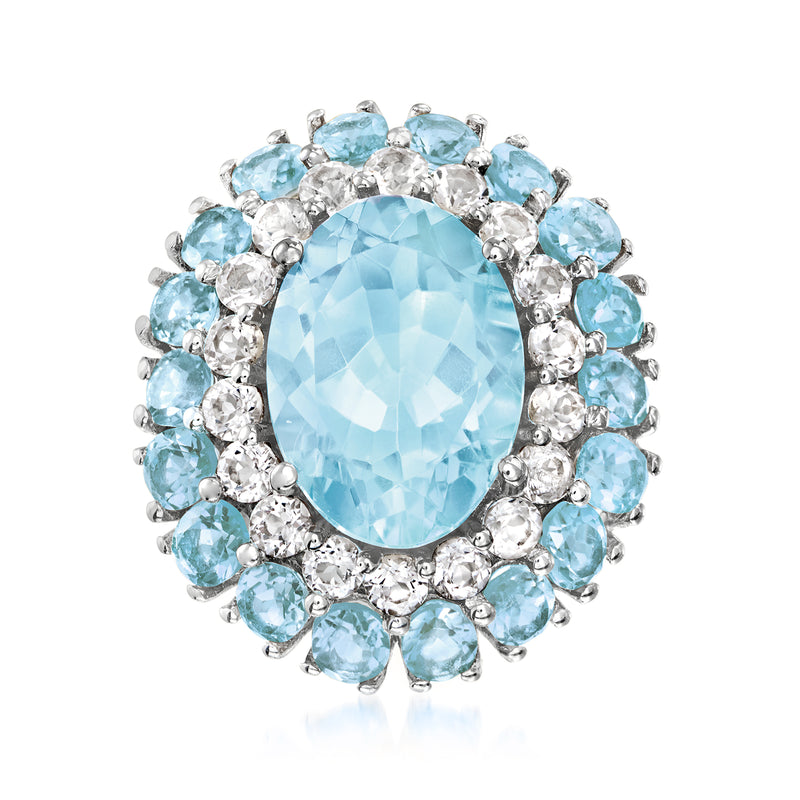 Sterling silver oval sky blue topaz ring with halo of blue and white gemstones