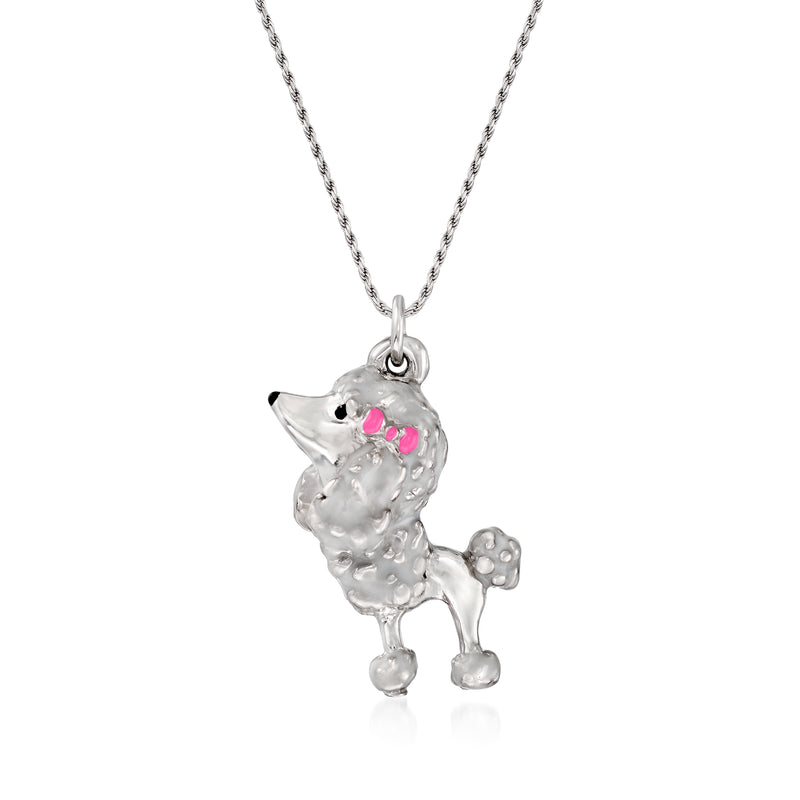 Sterling silver poodle pendant necklace with pink and multicolor enamel accents