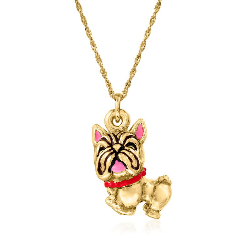 Gold-tone French bulldog pendant necklace with multicolored enamel details and gold chain