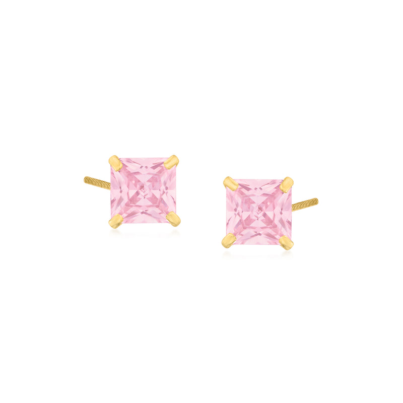 14kt yellow gold pink CZ square stud earrings, four-prong setting