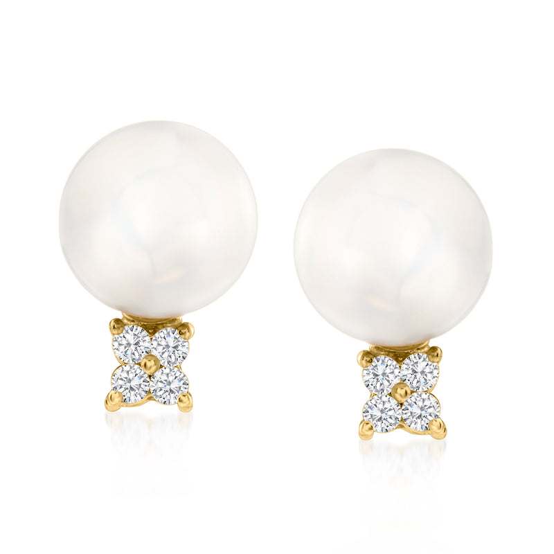 Cultured pearl stud earrings with diamond cluster settings in 14kt yellow gold