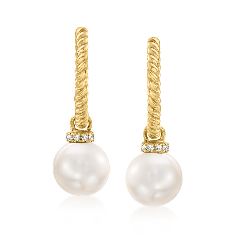 14kt yellow gold cultured pearl drop earrings with diamond accents, rope design caps