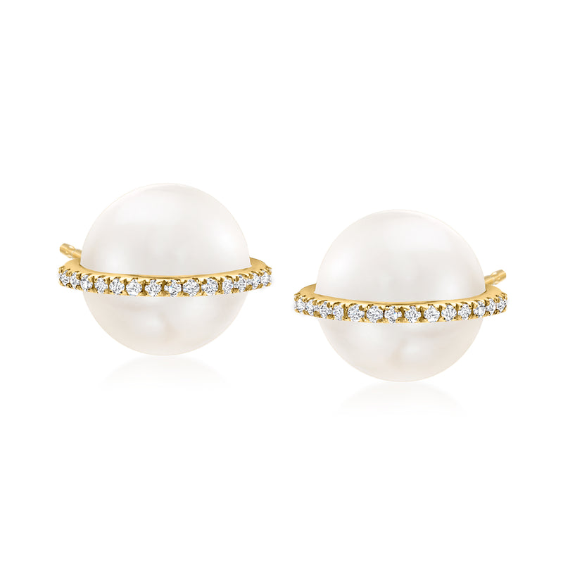 Cultured pearl post earrings in yellow gold with diamond-accent band