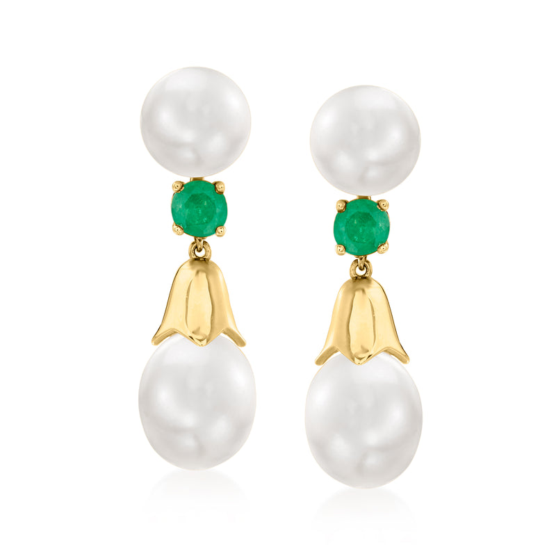 14kt yellow gold drop earrings with white cultured pearls, green emerald-style stones and gold drops