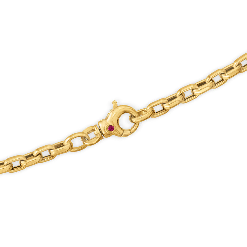 Yellow gold square-link necklace with circular clasp and red gemstone