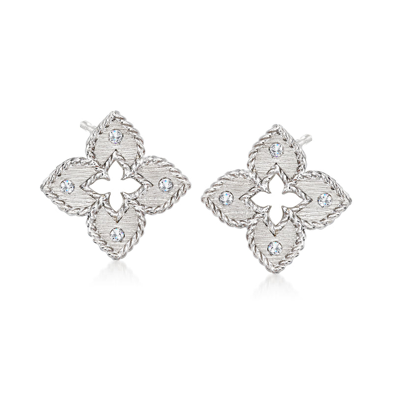 18kt white gold diamond floral post earrings with cross-shaped quatrefoil design