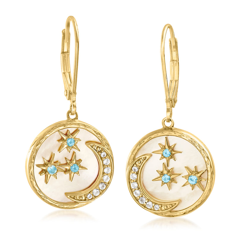18kt gold over sterling drop earrings with moon and stars, blue stones, leverback