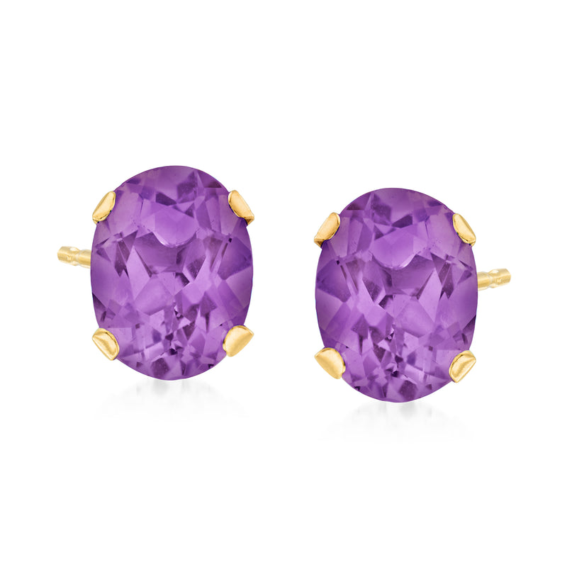 Oval amethyst stud earrings in 14kt yellow gold, four-prong martini setting