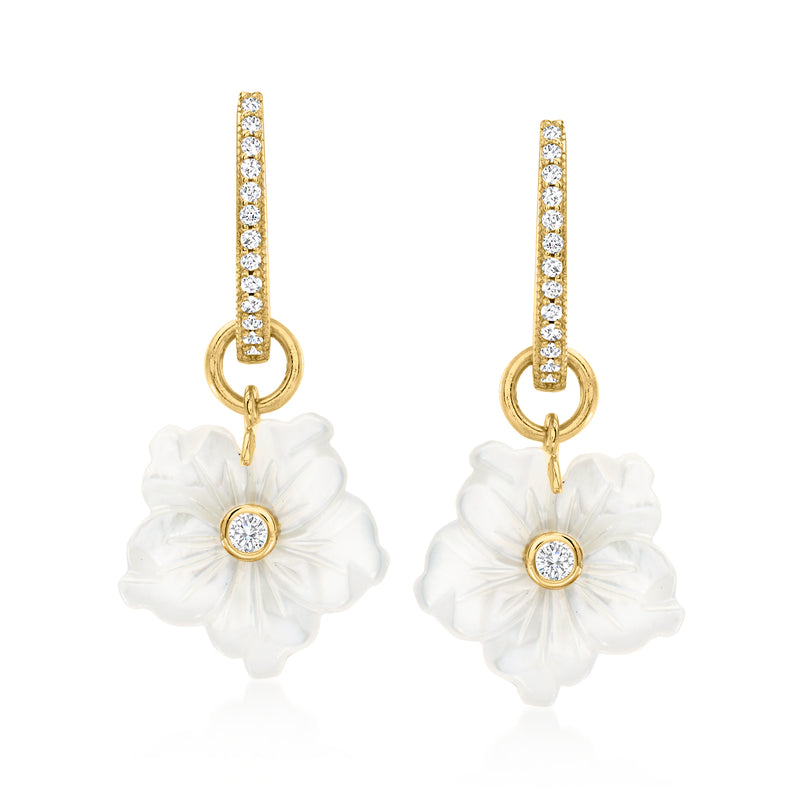 Gold drop hoop earrings with white flower dangle and round clear stone center