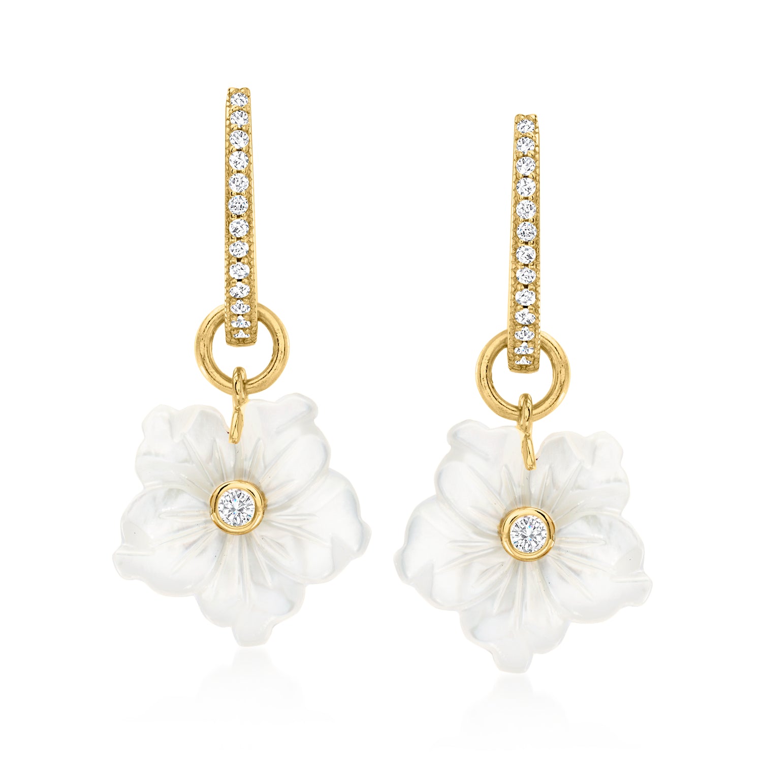Mother-of-Pearl and .77 ct. t.w. White Topaz Removable Flower Hoop Drop Earrings in 18kt Gold Over Sterling