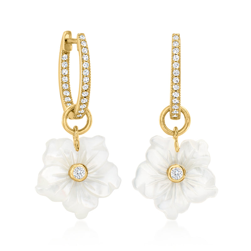 Gold drop hoop earrings with hinged hoop, white flower dangle, and round clear stone