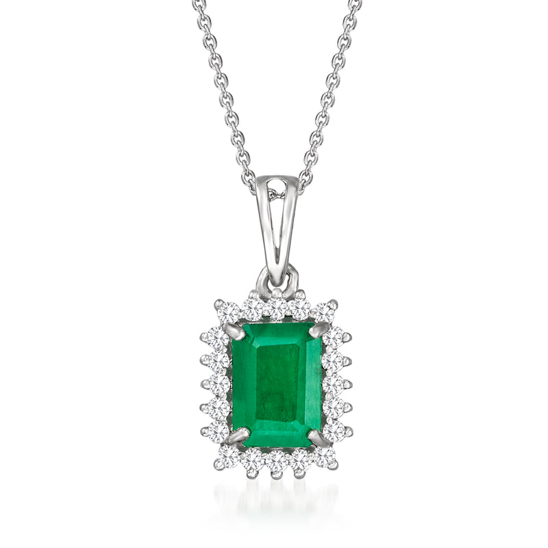 14kt white gold pendant necklace with emerald-cut green emerald and diamond halo