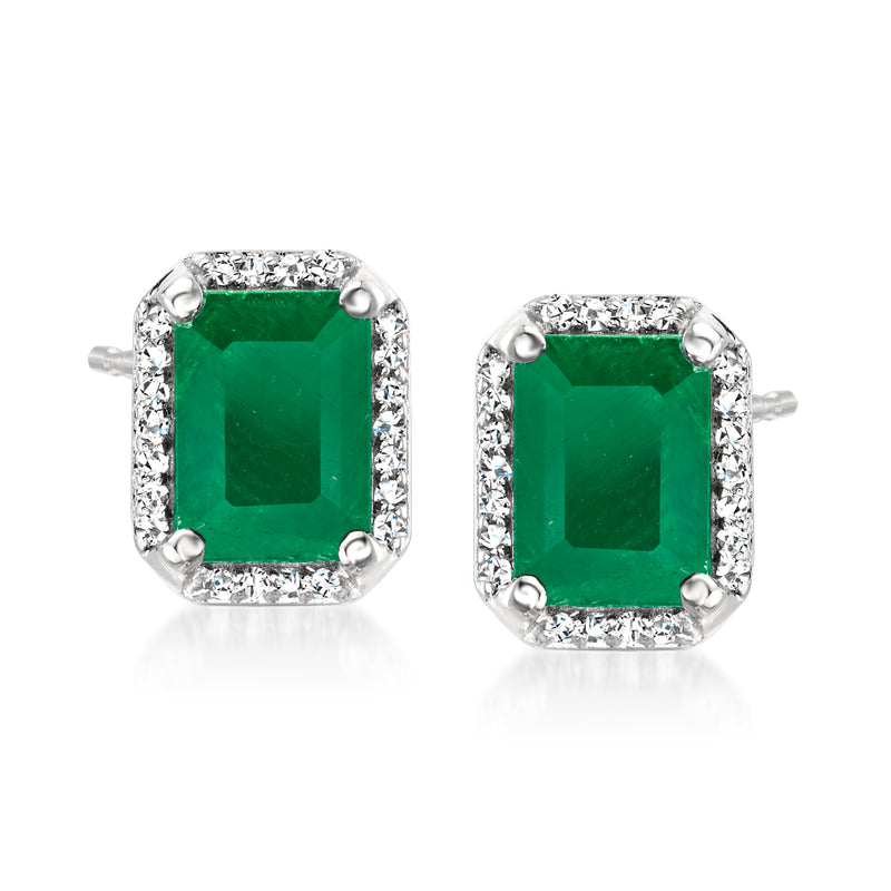 Emerald-cut green emerald stud earrings with diamond halo in white gold, post backs