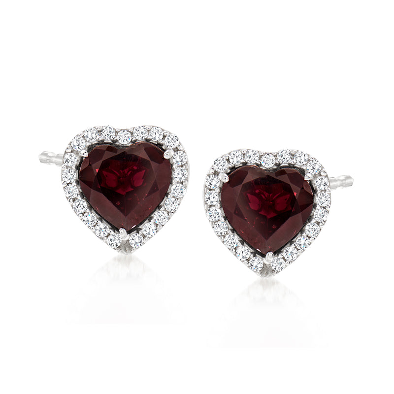 Sterling silver heart stud earrings with dark red garnet and white zircon halo