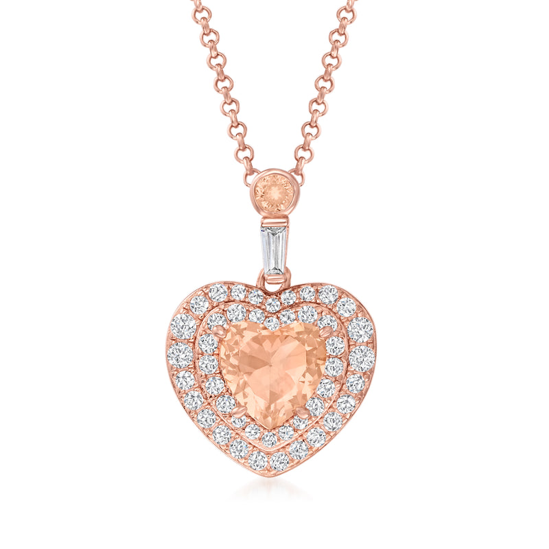 Rose gold heart pendant necklace with peach simulated gemstone center and CZ halo