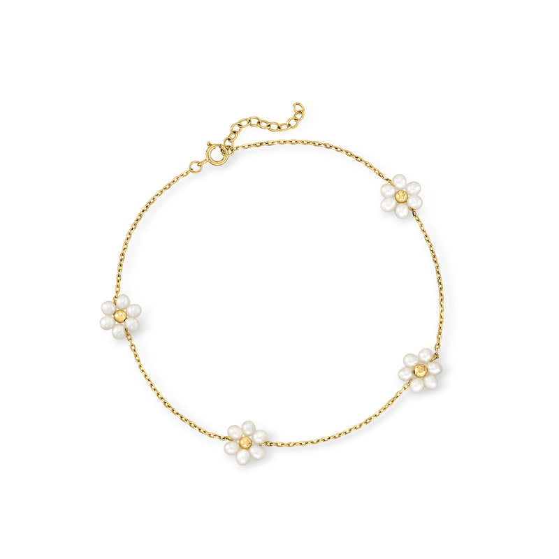 14kt yellow gold cultured pearl flower station anklet with five pearl blossoms