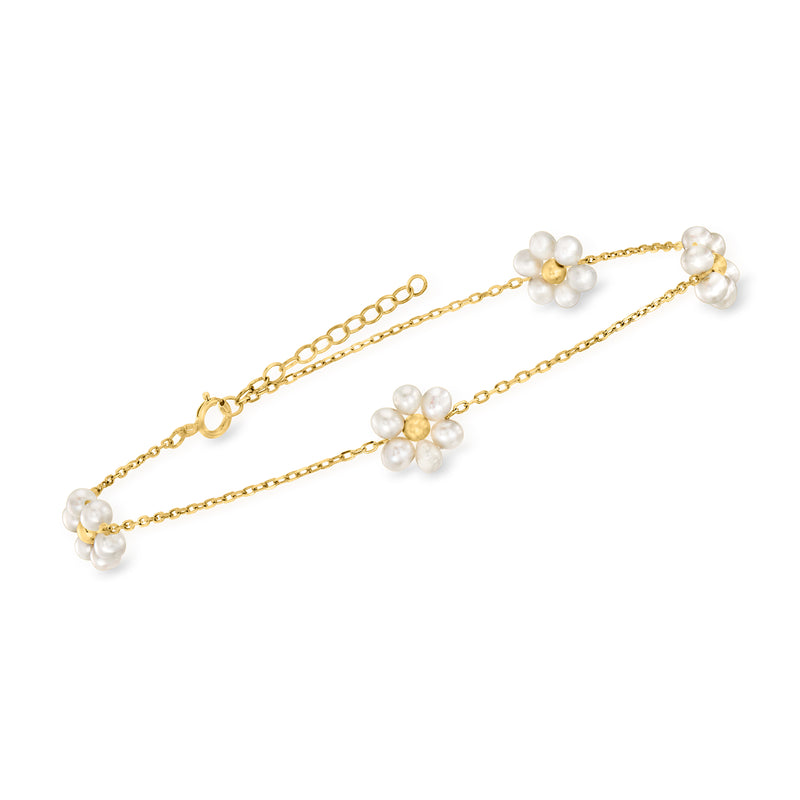 14kt yellow gold anklet with cultured pearl flower stations along the chain