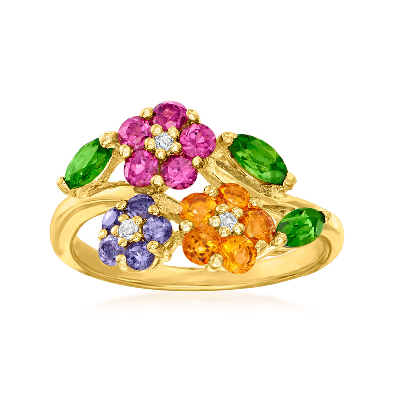 Gold-tone floral multi-gem ring with purple, green, and orange stones