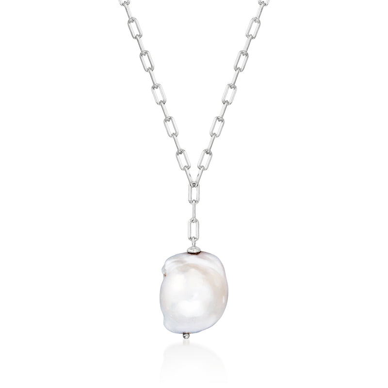 Sterling silver pearl necklace with large baroque pearl pendant on link chain