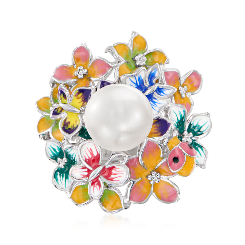 Sterling silver flower ring with large round pearl, multicolored enamel blossoms, diamond accents