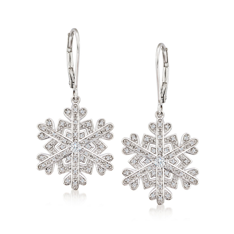 Sterling silver snowflake drop earrings with white sparkle stones, leverback closure