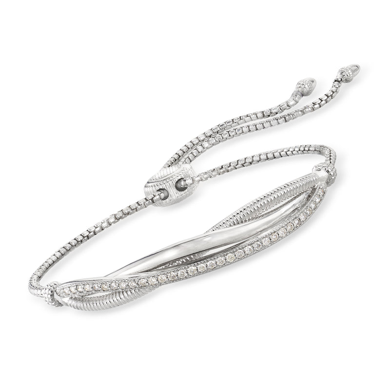 Sterling silver diamond bolo bracelet with oval center and pave station accents