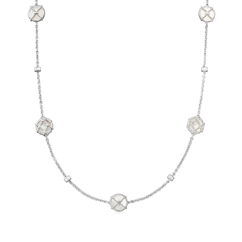 Sterling silver station necklace with round mother-of-pearl stations and chain links