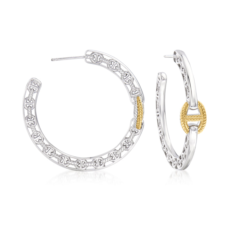 Sterling silver hoop earrings with ornate engravings and small 18kt yellow gold accents