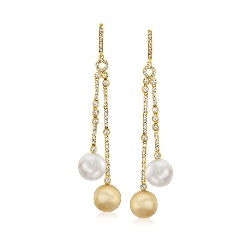 Yellow gold diamond drop earrings with white and gold South Sea pearls
