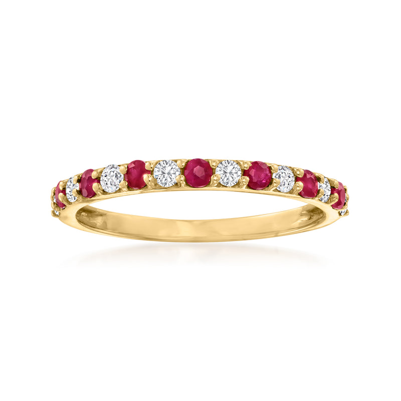 14kt yellow gold ring with oval ruby stones and round white diamond accents