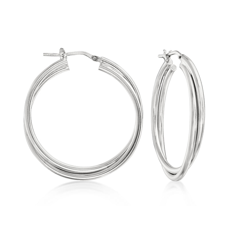 Sterling silver overlapping hoop earrings with ridged double loops