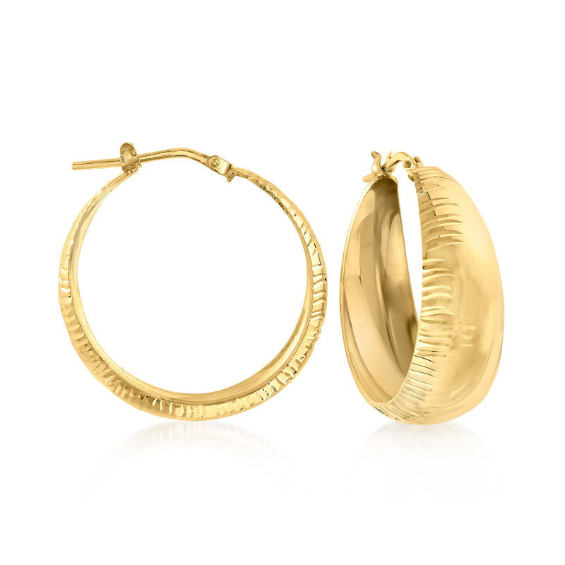 Gold hoop earrings with diamond-cut ridges and polished finish, hinged clasp