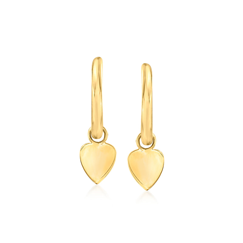 14kt yellow gold heart drop hoop earrings with hinged hoops