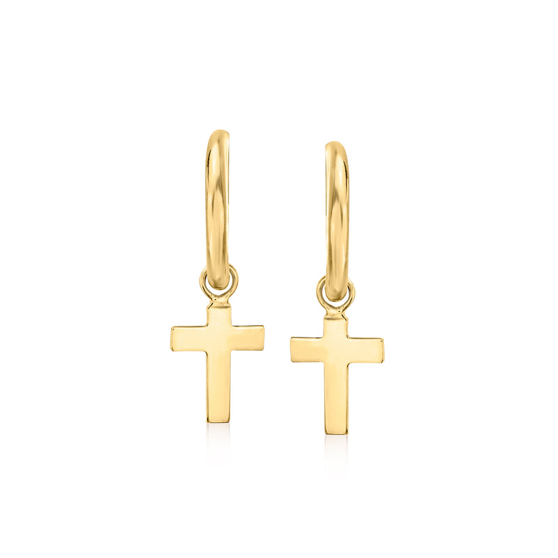 14kt yellow gold hoop drop earrings with cross charms, front view