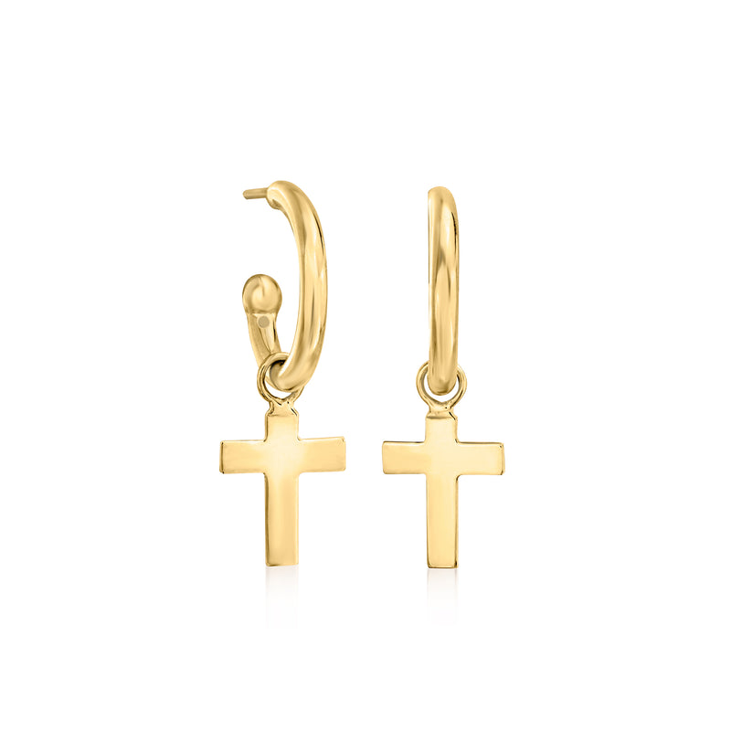 14kt yellow gold hoop drop earrings with cross charms, second angle