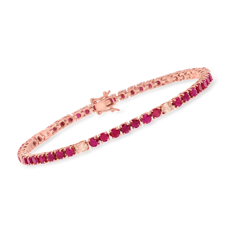 18kt rose gold tennis bracelet with ruby and morganite gemstones in a row