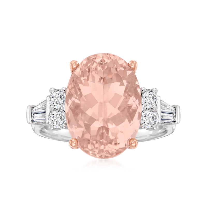 Two-tone gold ring with oval pink morganite center and diamond side stones