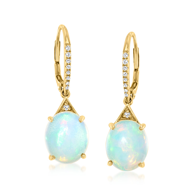 14kt yellow gold opal drop leverback earrings with diamond accents and teardrop opal