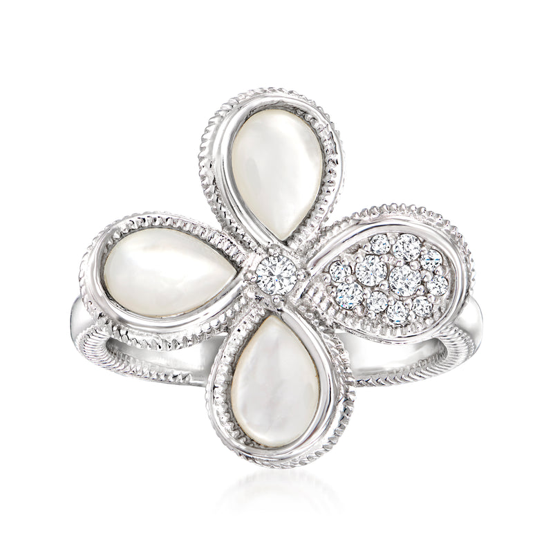 Sterling silver flower ring with mother-of-pearl teardrop petals and diamond clusters