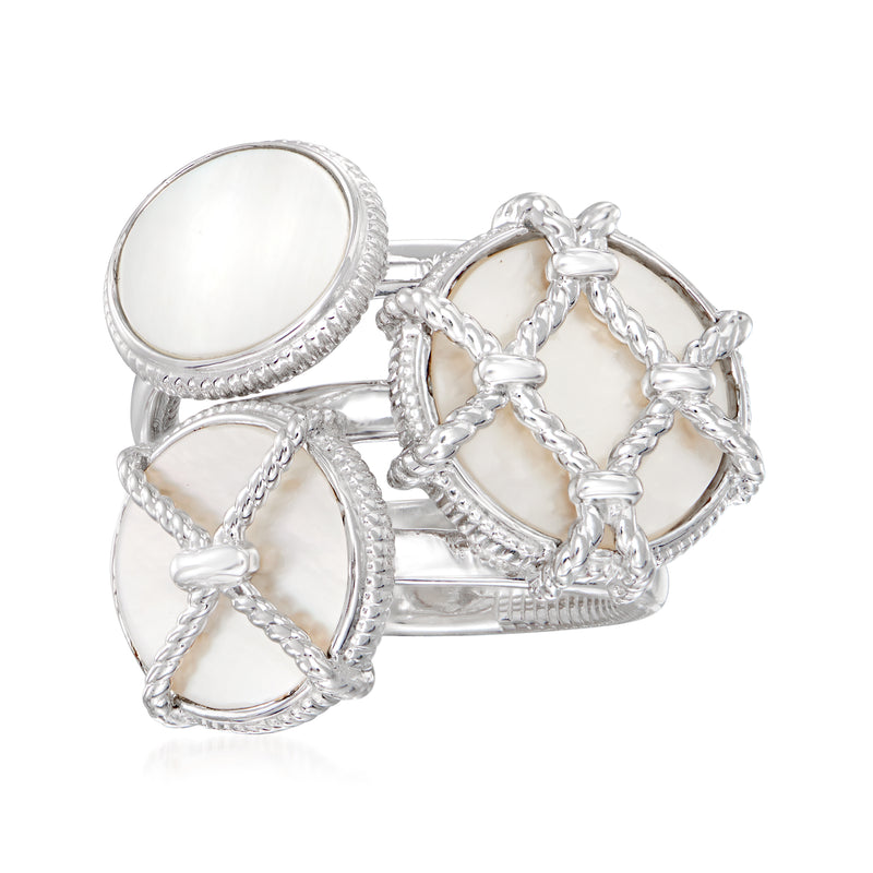 Sterling silver mother-of-pearl trio ring with three oval white inlays, braided bezel