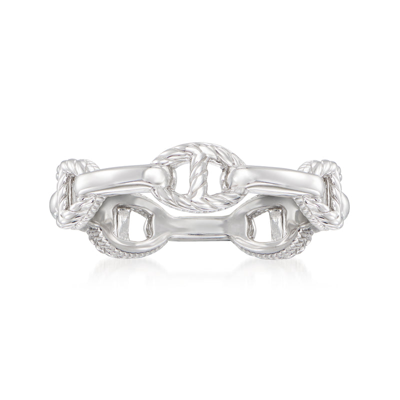 Sterling silver roped-link ring with openwork links and oval bezel accents